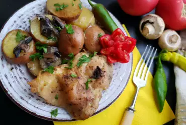 Oven-Baked Chicken Steaks with Mushrooms and Potatoes
