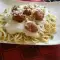 Spaghetti with White Sauce, Peas and Meatballs