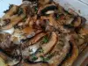 Pork Steaks with Mushrooms and Processed Cheese in Glass Cooking Tray