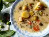 Sopa de patatas y arroz con ciruelo de jardín y vinagrera