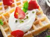 Waffles with Homemade Cream, Strawberries and Mint